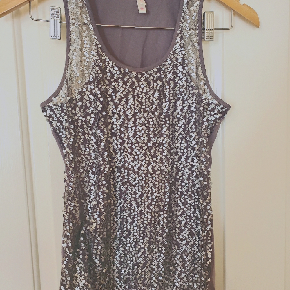 Sheer sequin covered gray tank